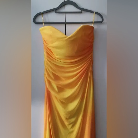 Zara NWT yellow orange tie dye printed tulle midi draped ruched sweetheart dress - Picture 12 of 16